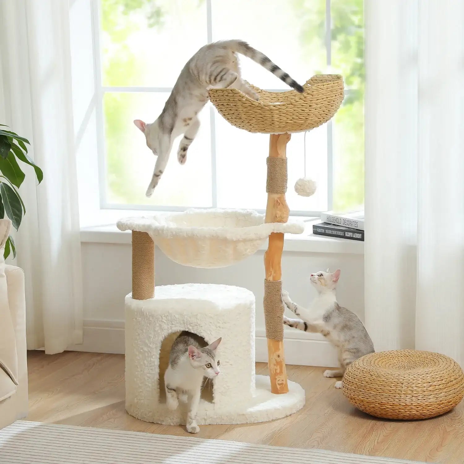 Arbre à chat en bois naturel avec panier en osier et hamac design