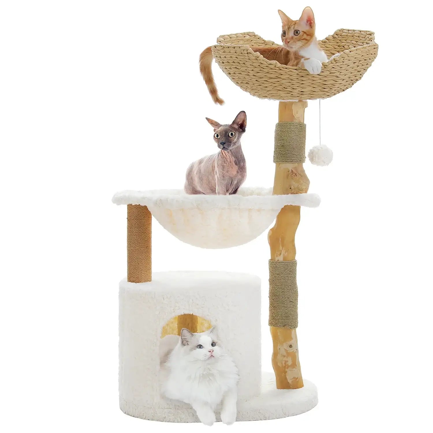 Arbre à chat en bois naturel avec panier en osier et hamac design