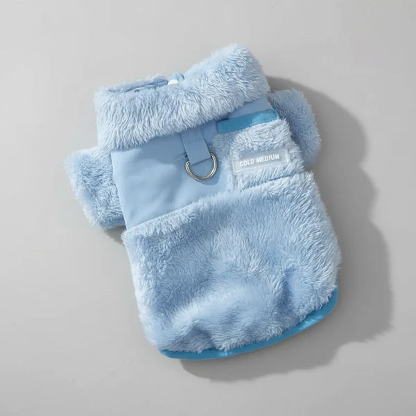 Manteau petit chien bleu clair en tissu doux et chaud avec col et manches courtes