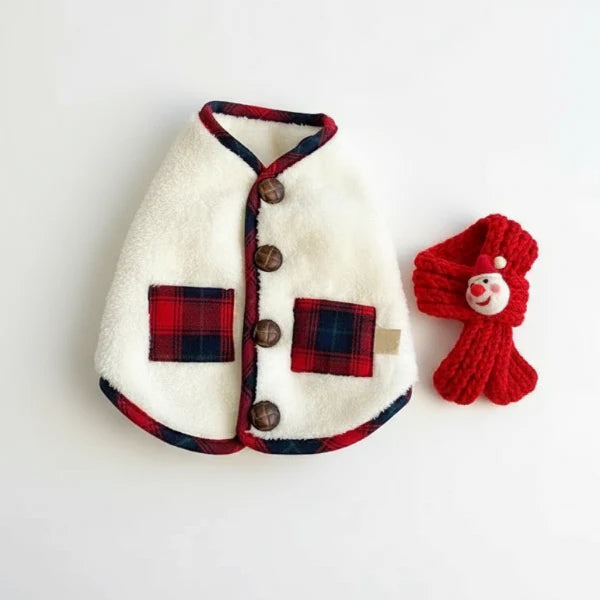 Manteau polaire chien Noël en blanc et rouge avec poches et écharpe assortie