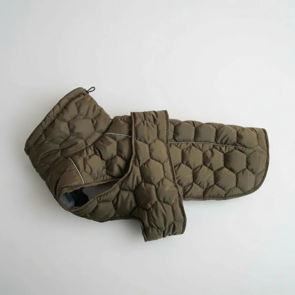 Manteau pour grand chien matelassé couleur kaki avec capuche et fermeture velcro Oscar et Plume