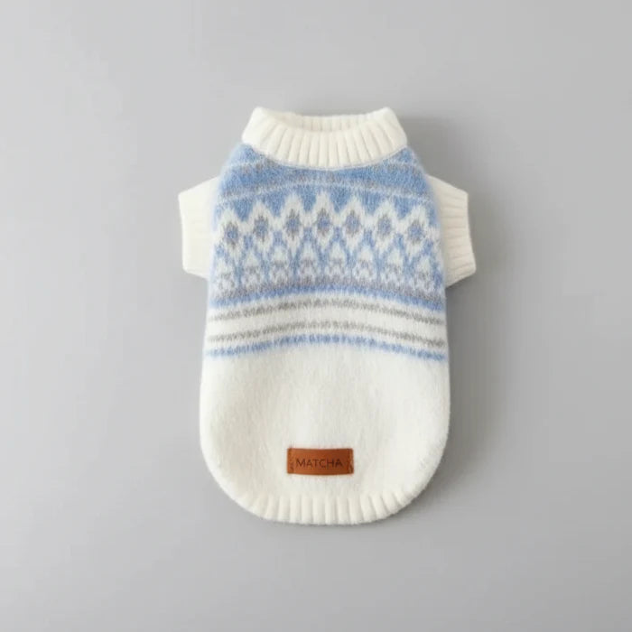 Pull chaud pour chien en laine avec motifs géométriques bleus et blancs, confortable et élégant