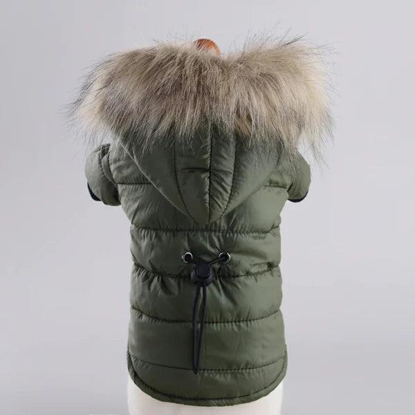 Doudoune imperméable chien verte avec capuche à fourrure pour protection contre la pluie et le froid