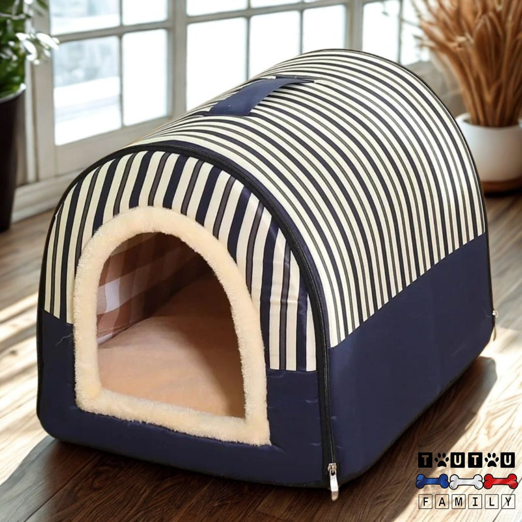 Niche-chien-interieur-avec-coussin-amovible-bleu-raye-design-marin-avec-son-coussin-100%-coton-lavable-structure-100%-imperméable-fond-antidérapant-pour-la-maison-en-transport-en-voyage-légère-et-pliable