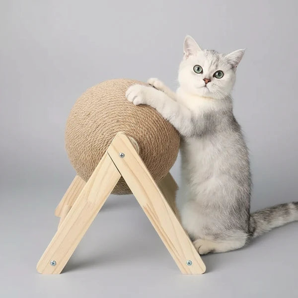 Boule à gratter en Sisal pour chat avec base en bois, jouet interactif et durable.