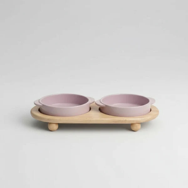 Gamelle céramique sur support bois pour chien et chat Oscar et Plume Double Nourriture Rose