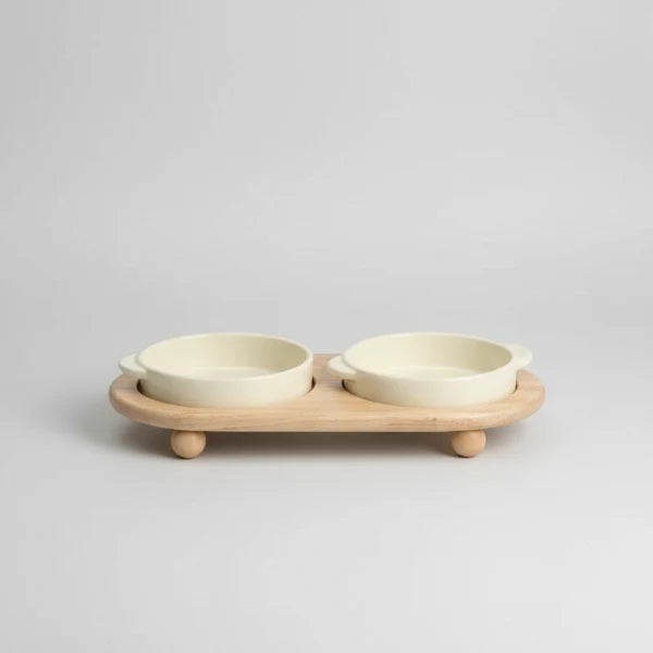 Gamelle céramique sur support bois pour chien et chat Oscar et Plume Double Nourriture Blanc