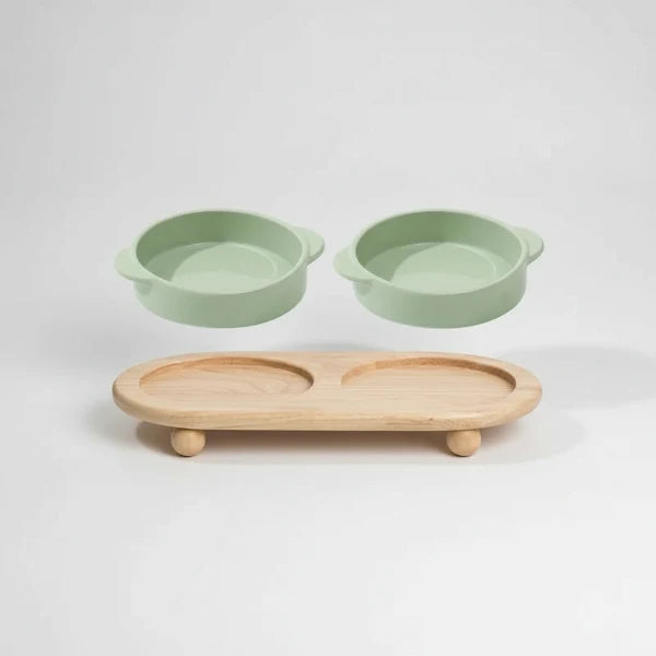 Gamelle céramique sur support bois pour chien et chat Oscar et Plume Double Nourriture Vert