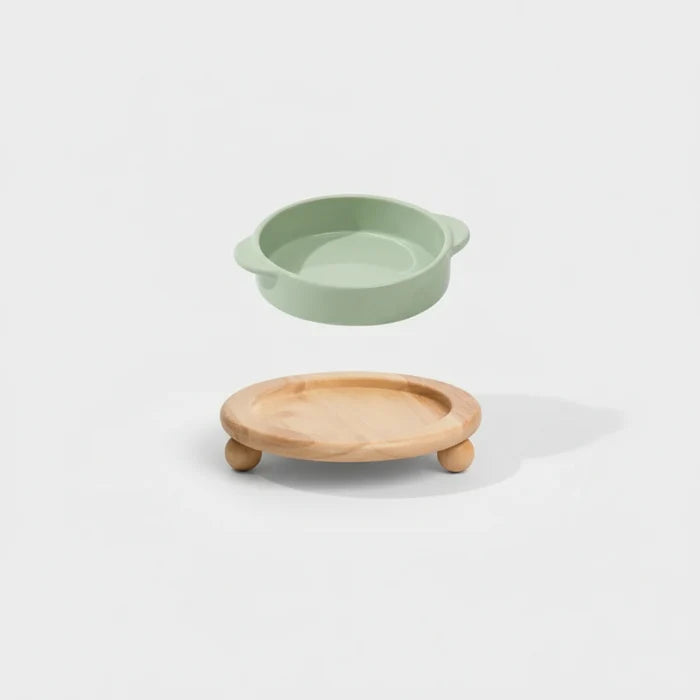 Gamelle céramique sur support bois pour chien et chat Oscar et Plume Vert Nourriture