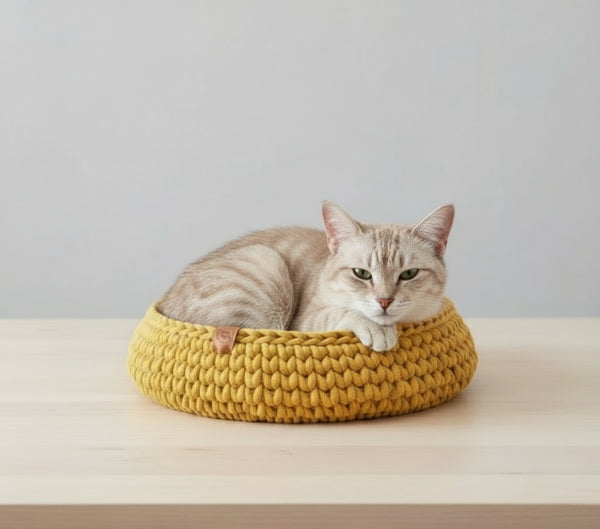 Panier chat en coton recyclé jaune avec un chat assis, idéal pour un confort écologique
