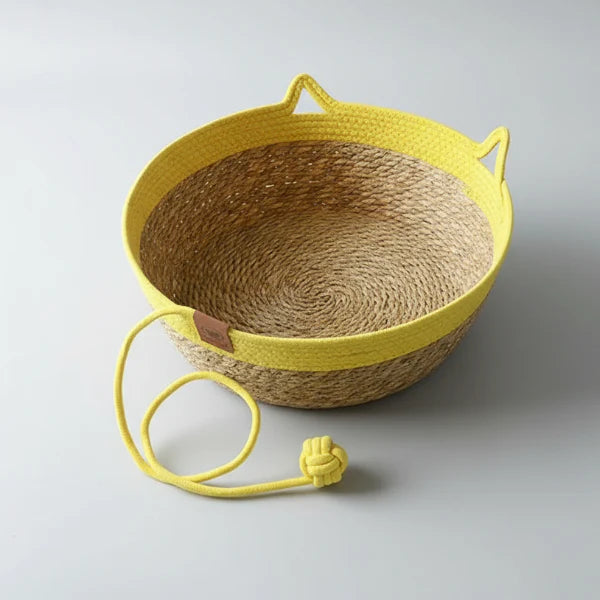 Panier chat en jacinthe d'eau couleur jaune avec oreilles en forme de chat pour le confort de votre compagnon