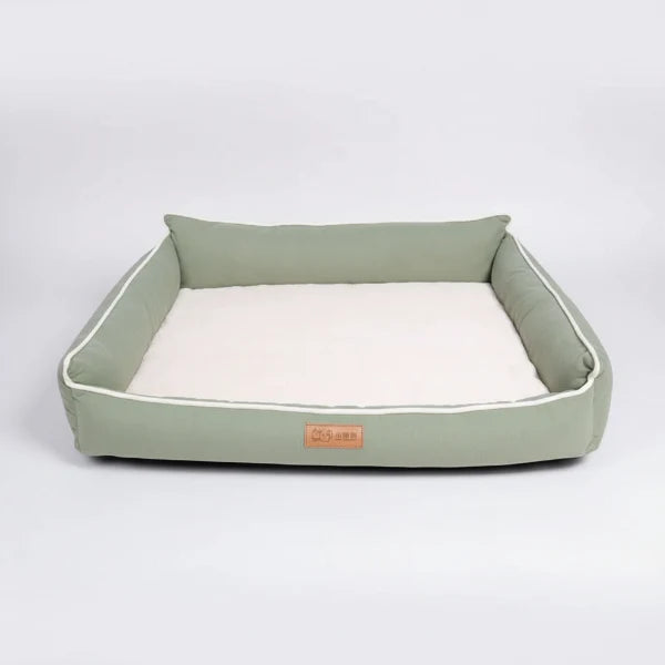 Panier chien confortable vert olive avec coussin doux et bordures rembourrées par Oscar et Plume