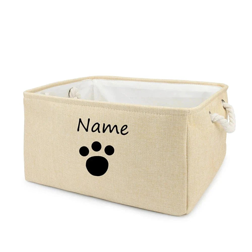 Panier de rangement pour chat et chien beige avec poignée en corde et motif patte noire