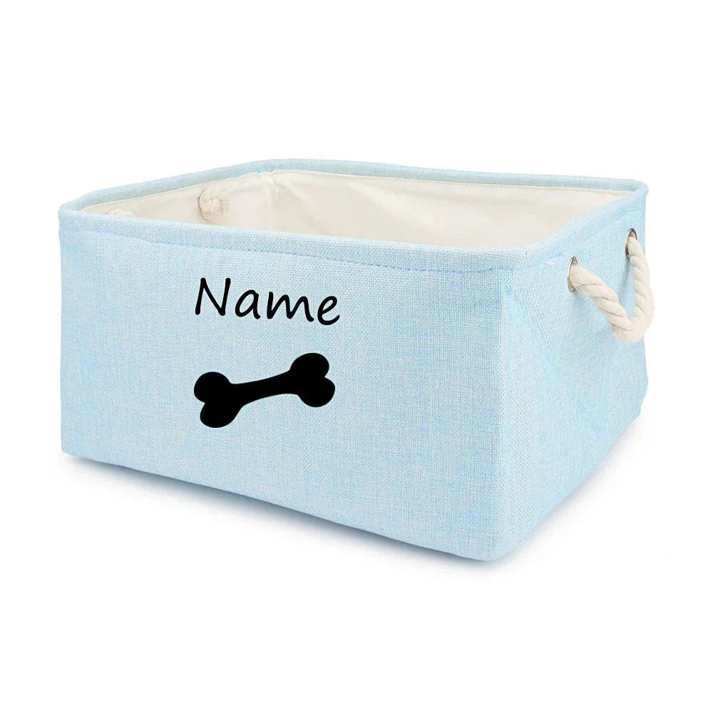 Panier de rangement pour chat et chien bleu clair avec poignée en corde et motif os noir personnalisé