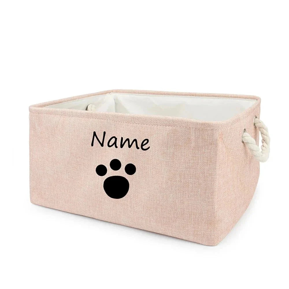 Panier de rangement pour chat et chien rose avec poignées en corde et motif patte personnalisable