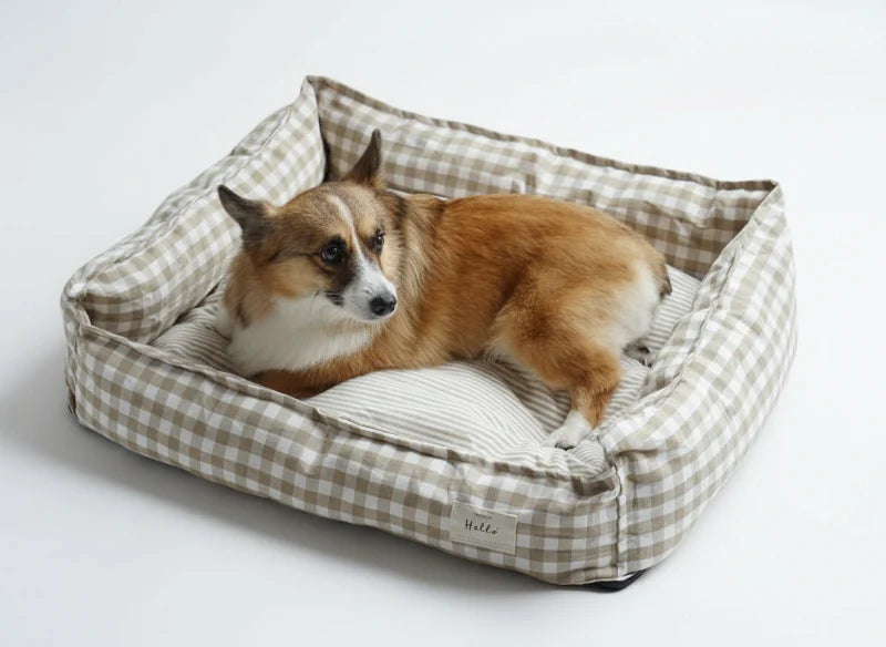 Panier chien déhoussable et lavable en coton vichy