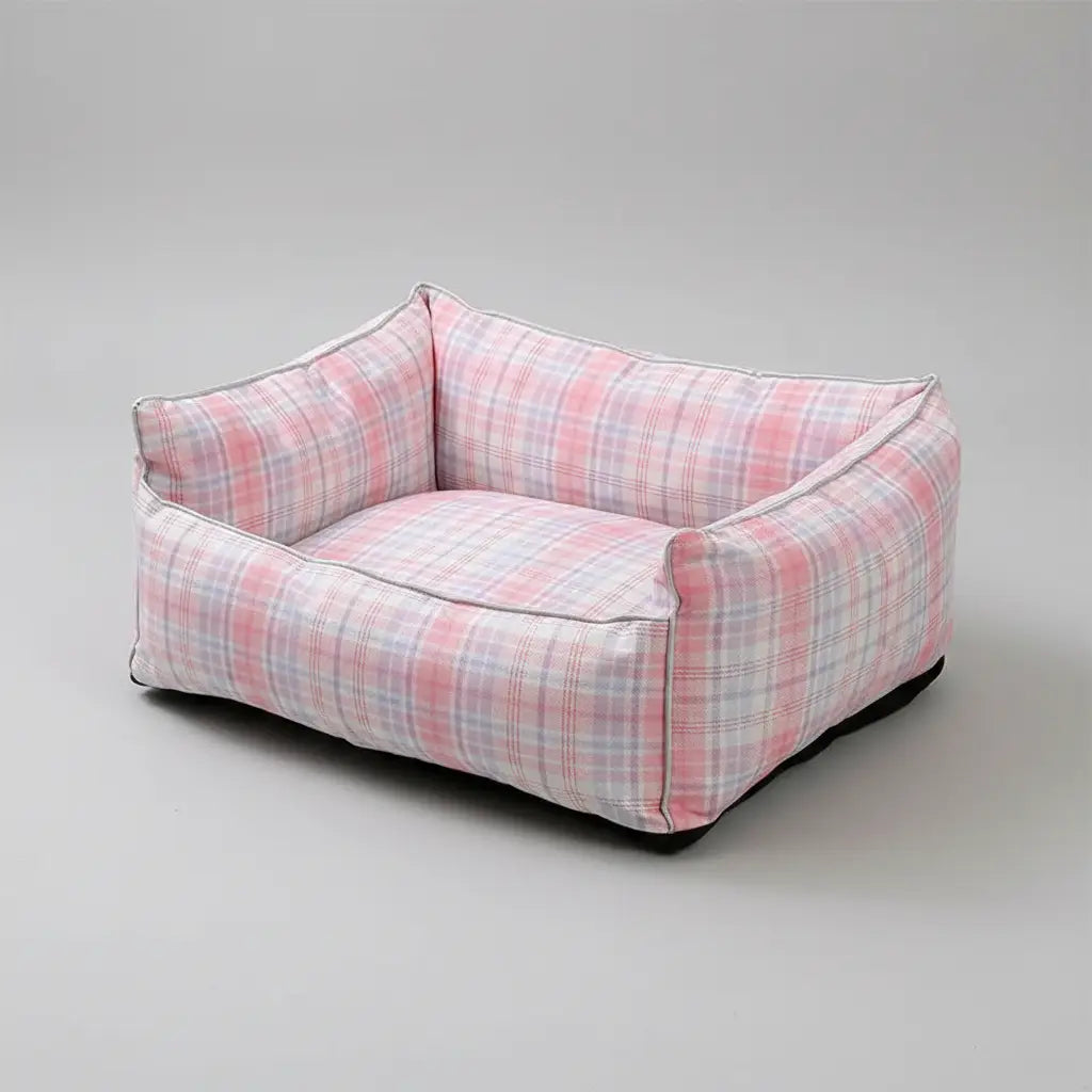 Panier pour chien et chat en tissu à carreaux rose et blanc avec rembourrage confortable