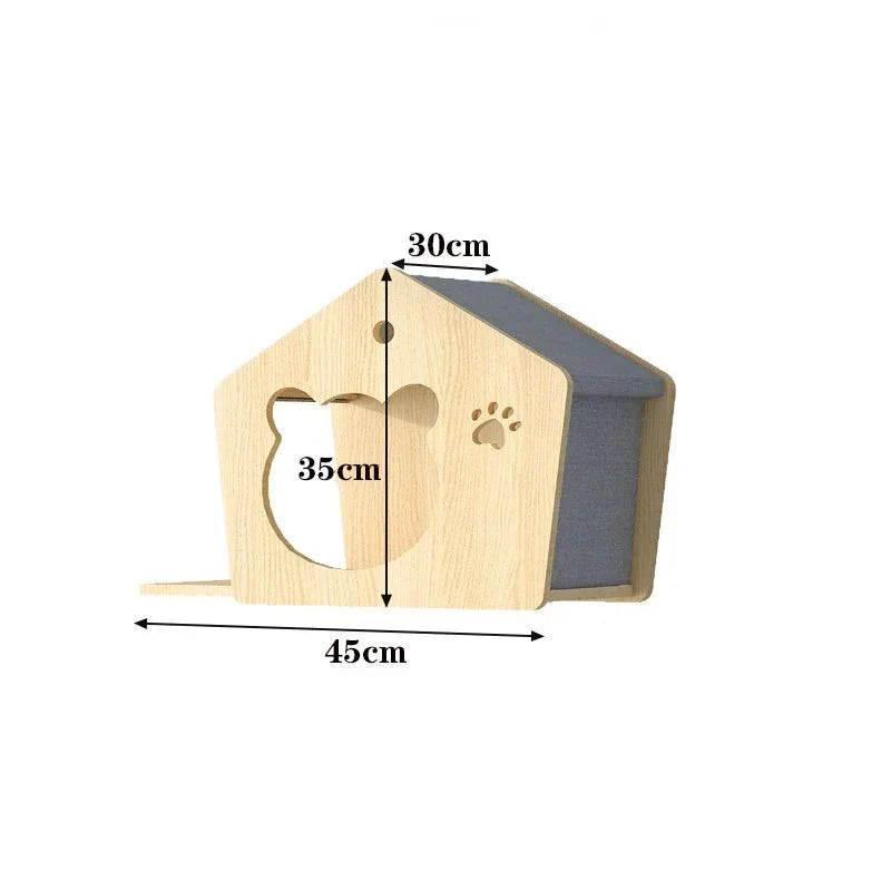 Parcours escalade chat maison en bois avec espace intérieur et surface grise pour griffer