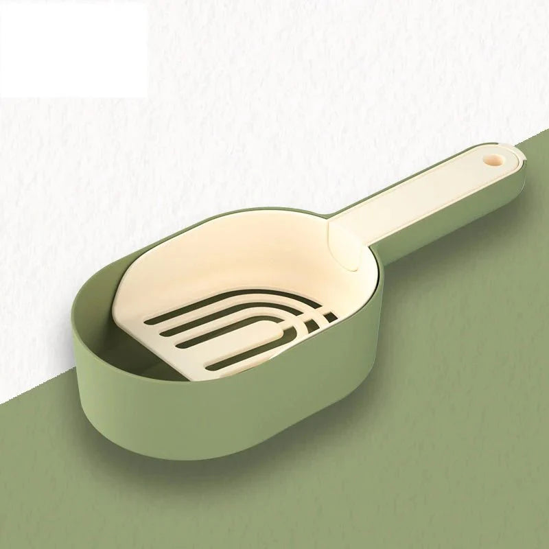 Pelle litière design Oscar et Plume beige et verte avec manche ergonomique