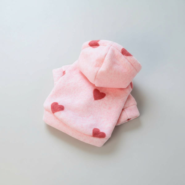 Sweat doux capuche chien rose avec motifs cœurs rouges pour animaux de compagnie Oscar et Plume