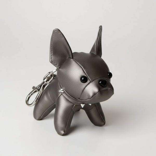 Porte-clés bouledogue en cuir synthétique gris métallisé signé Oscar et Plume