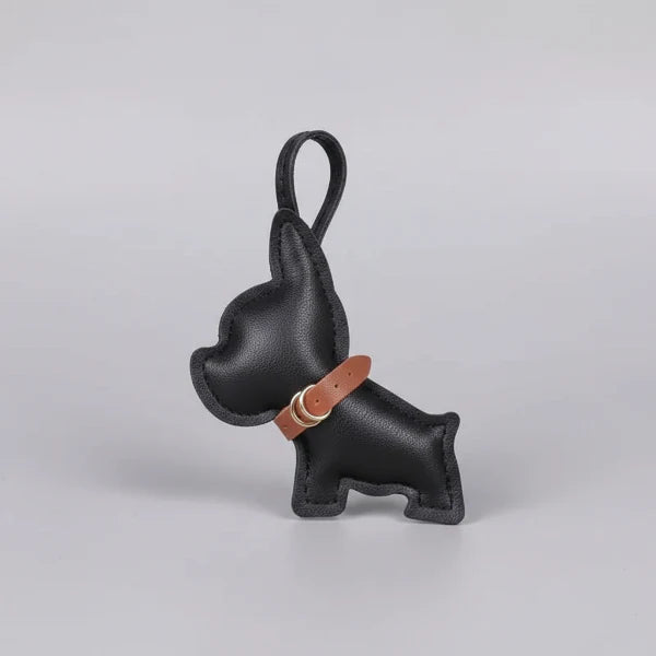 Porte clés bouledogue en cuir noir avec un design élégant pour les amoureux des chiens