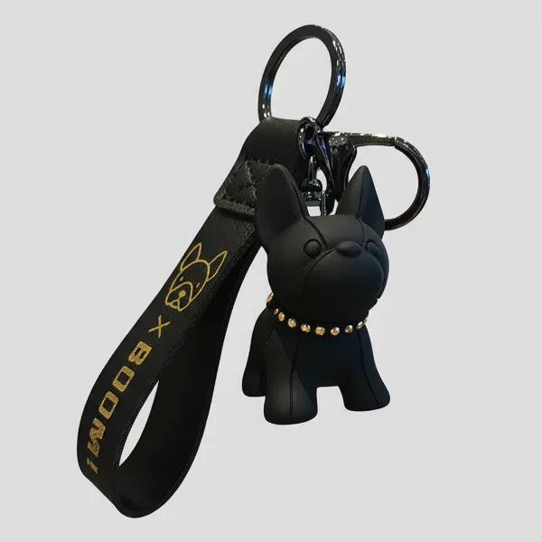 Porte-clés bouledogue noir avec bracelet en tissu et perles dorées par Oscar et Plume