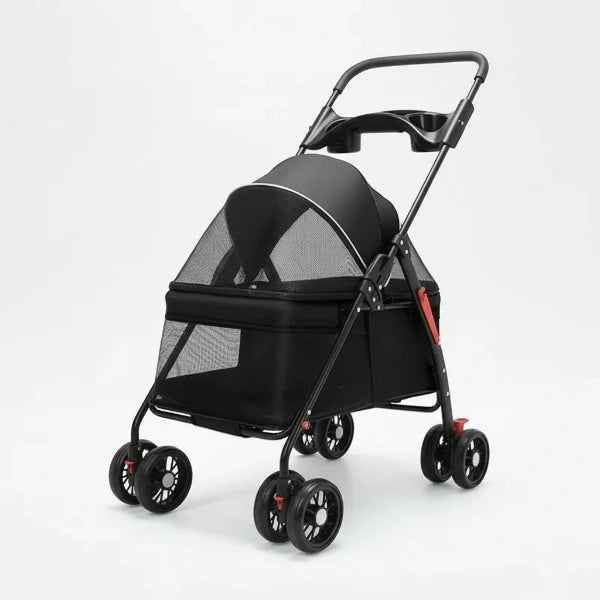 Poussette pour chien noire avec roues pivotantes et espace aéré en filet pour une bonne ventilation