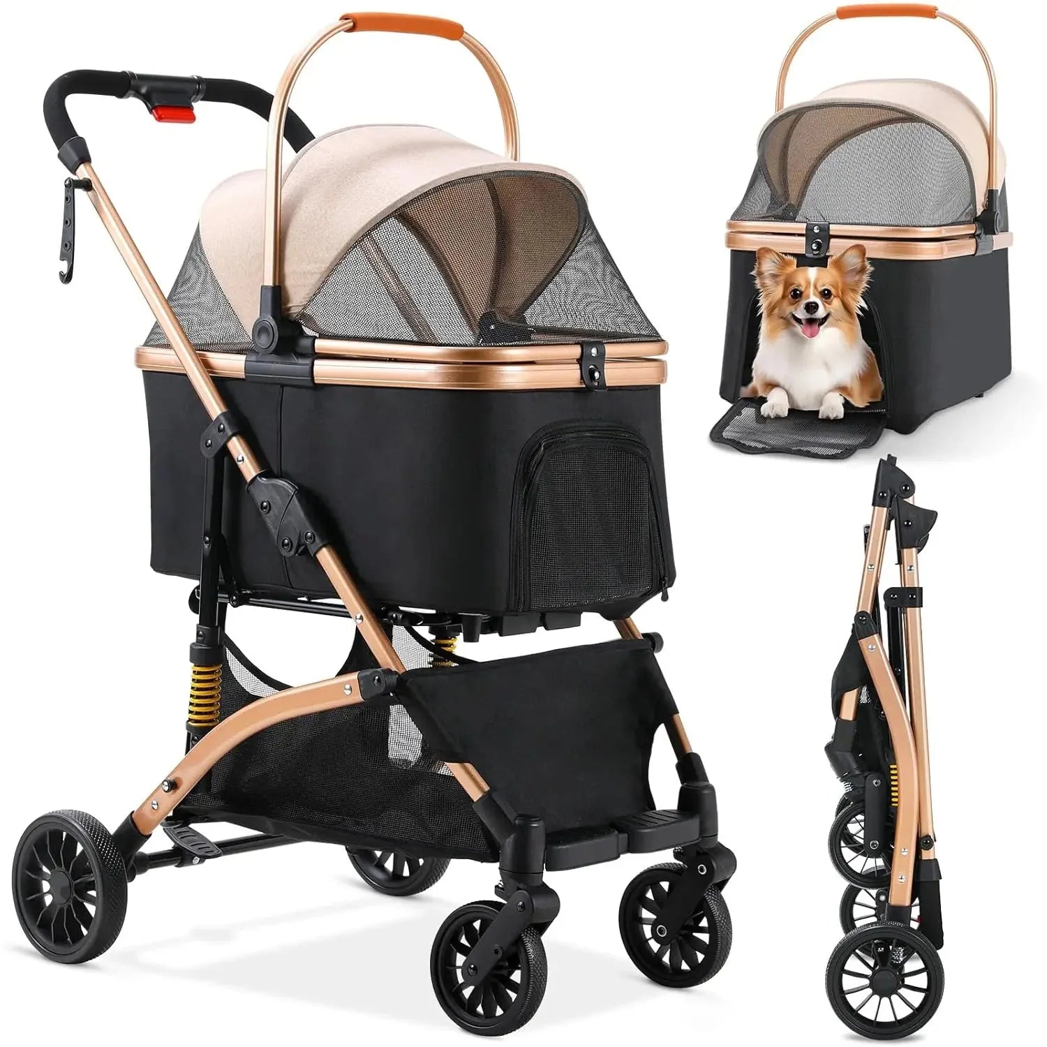 Poussette pour chien pliable Oscar et Plume avec structure noire et cadre doré pour petits animaux