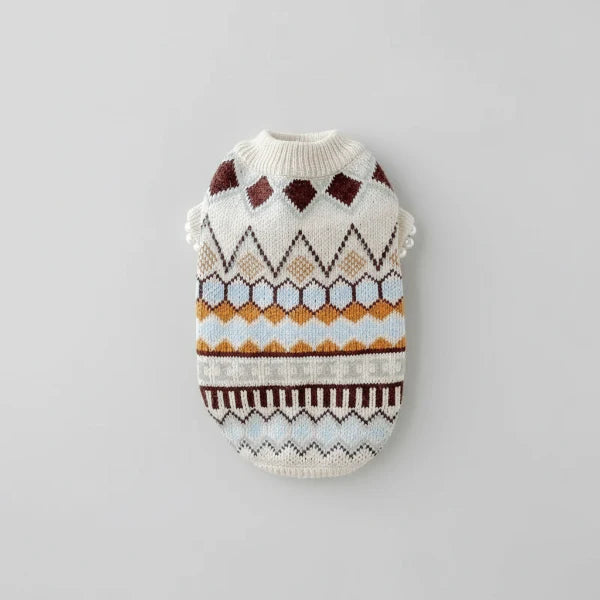 Pull chaud pour chien en maille avec motifs géométriques multicolores de la marque Oscar et Plume
