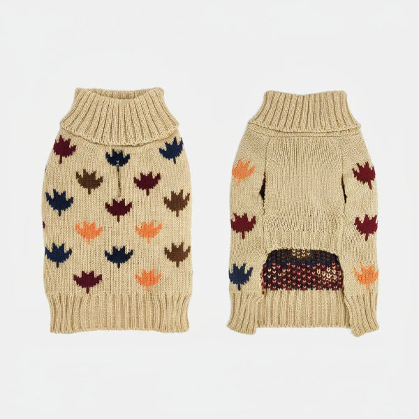 Pull col double pour chien beige avec motifs colorés par Oscar et Plume en tricot confortable
