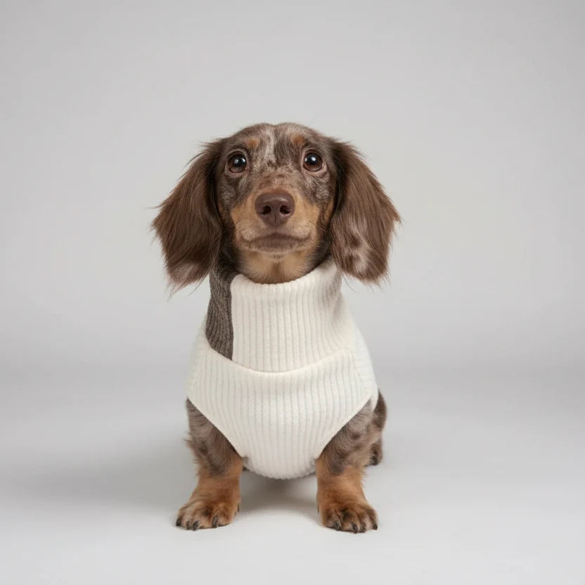 Pull col roulé pour teckel en blanc avec tissu doux, parfait pour garder votre chien au chaud