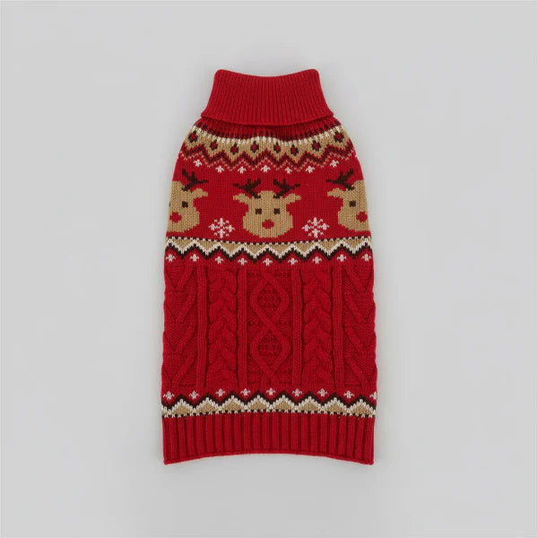 Pull de Noël pour chien rouge avec motif de rennes et motif tricoté