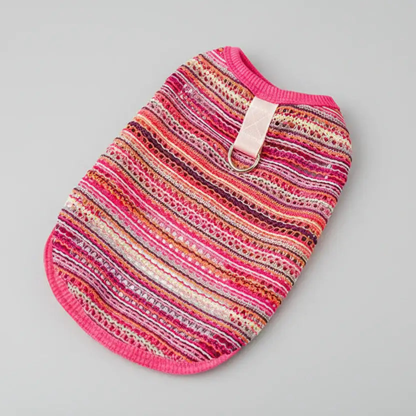 Pull léger pour chien multicolore Oscar et Plume avec un design à rayures et un col rose