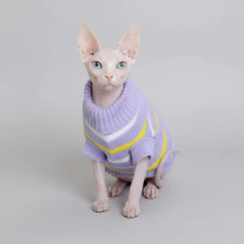 Pull pour chat Sphynx en pur coton violet avec rayures jaunes et blanches pour le confort de votre animal