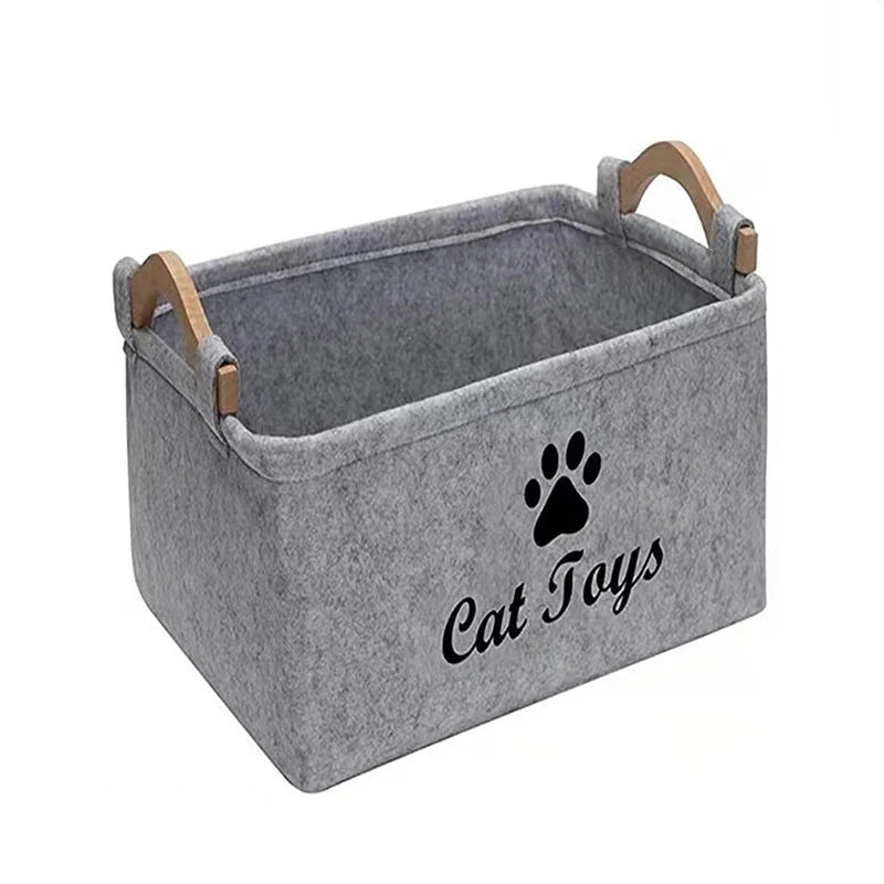 Panier gris avec poignées en bois pour rangement jouets pour chien et chat de Oscar et Plume
