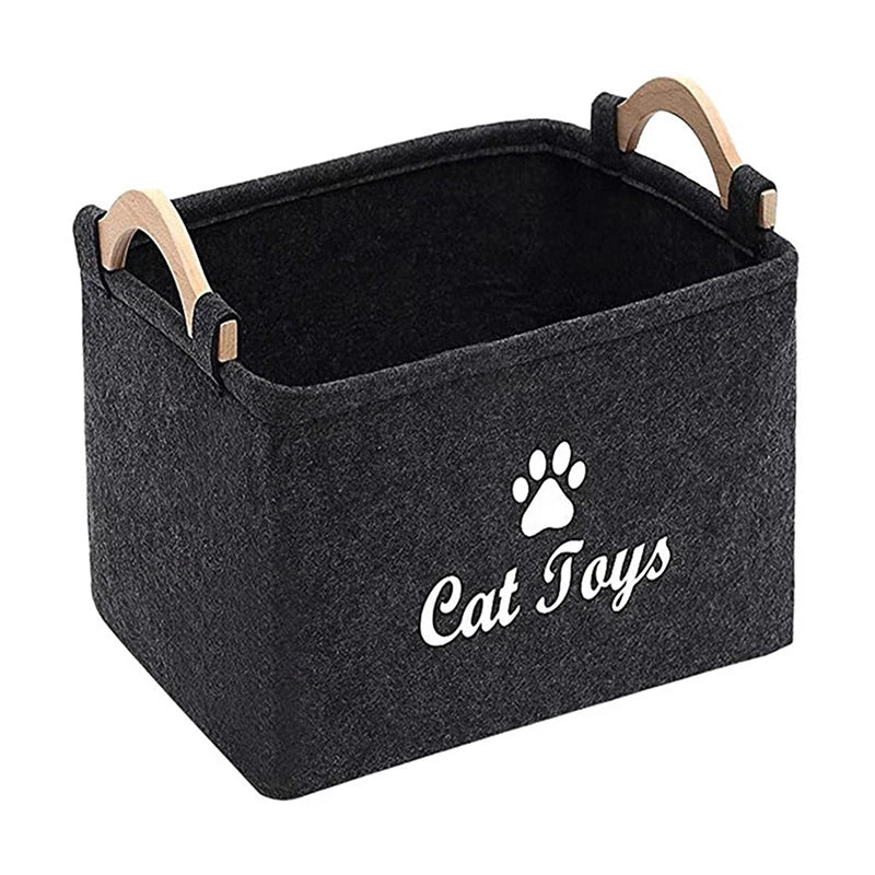 Panier de rangement jouets pour chien et chat en feutre noir avec poignées en bois Oscar et Plume