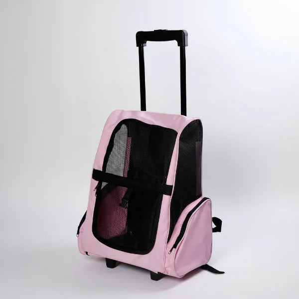 Sac à dos transport chat rose avec roulettes et poignée télescopique pour déplacement facile