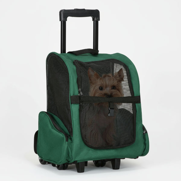 Sac à dos transport chat vert avec roulettes et un petit chien à l'intérieur