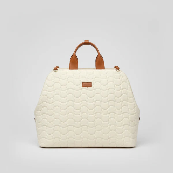 Sac à main pour chien Oscar et Plume en tissu matelassé blanc avec poignées en cuir marron