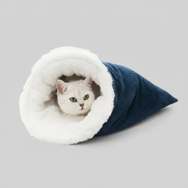 Chat blanc niché dans un sac de couchage chat bleu et doublé en fourrure blanche moelleuse