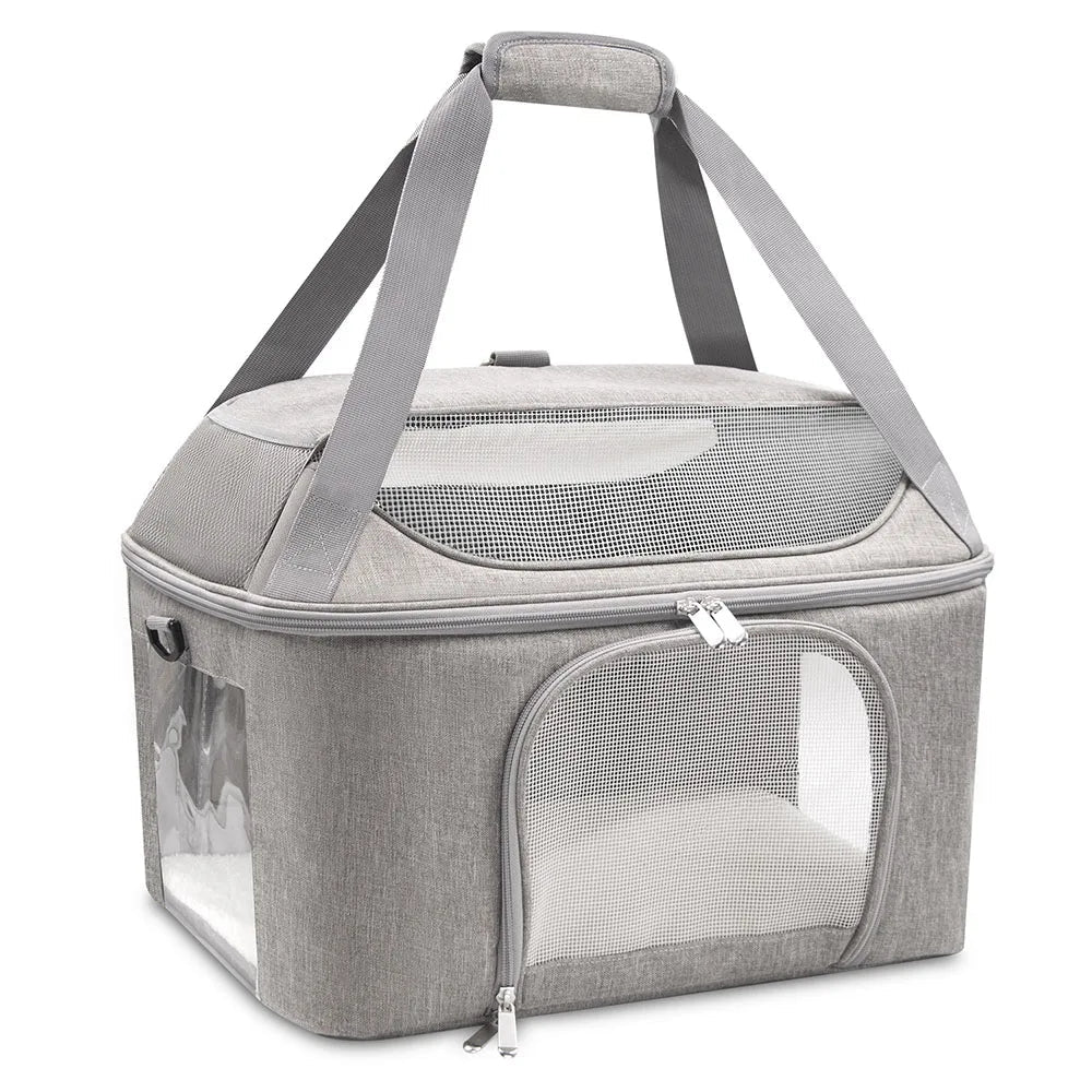 Sac de transport chat gris avec fenêtres en maille respirante et poignée rembourrée par Oscar et Plume