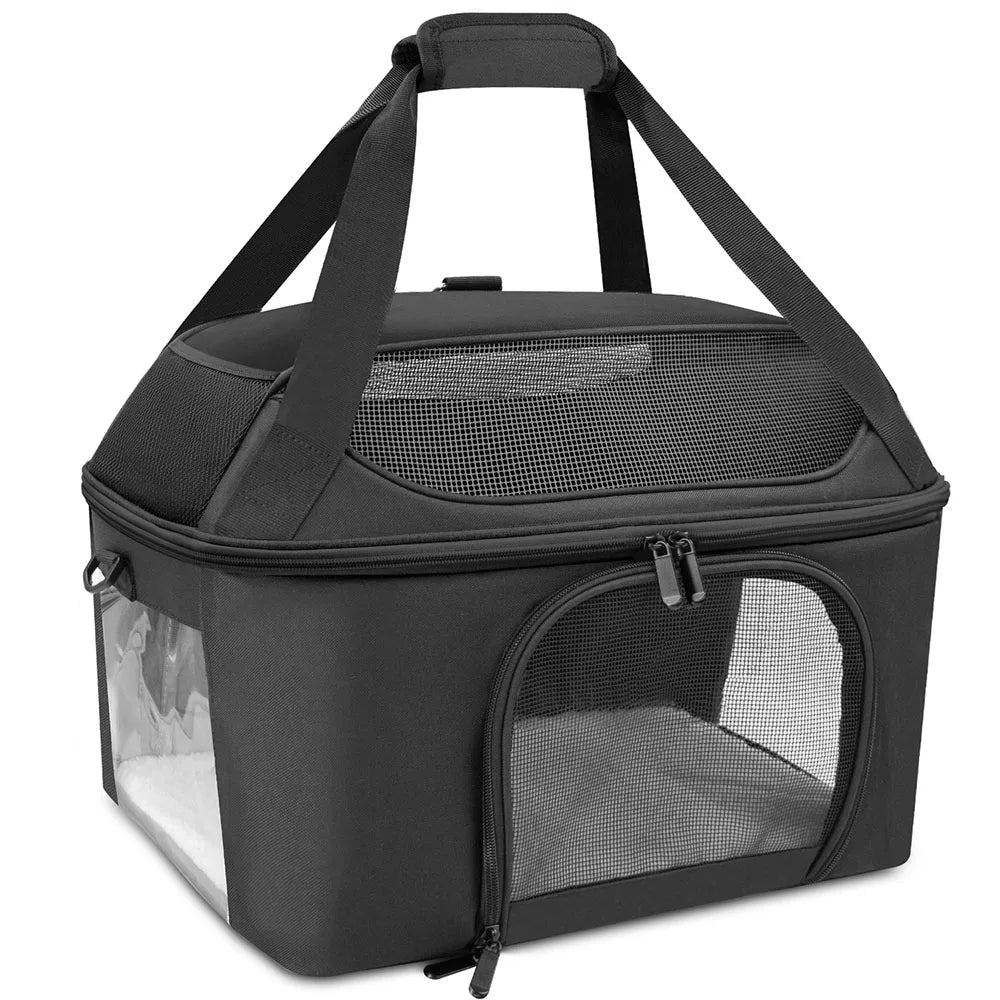 Sac de transport chat noir Oscar et Plume avec fenêtre en maille et poignée rembourrée