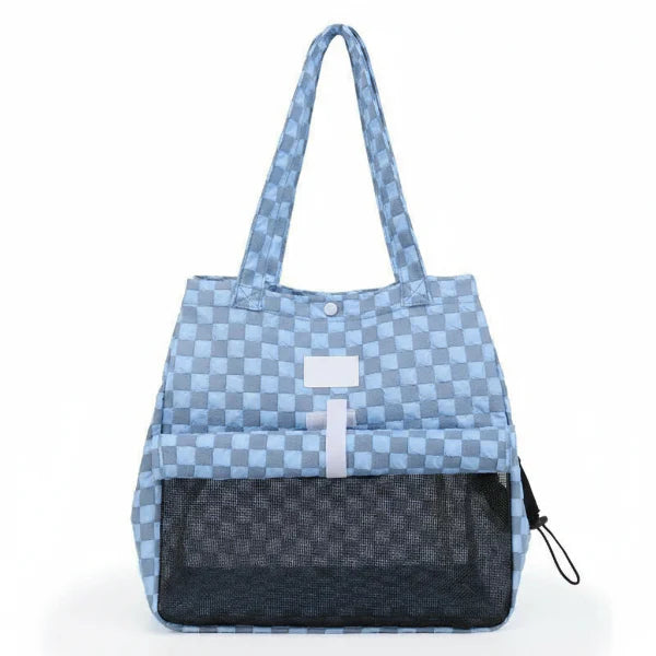 Sac de transport chien chat bleu à damier avec maillage respirant et anses longues Oscar et Plume