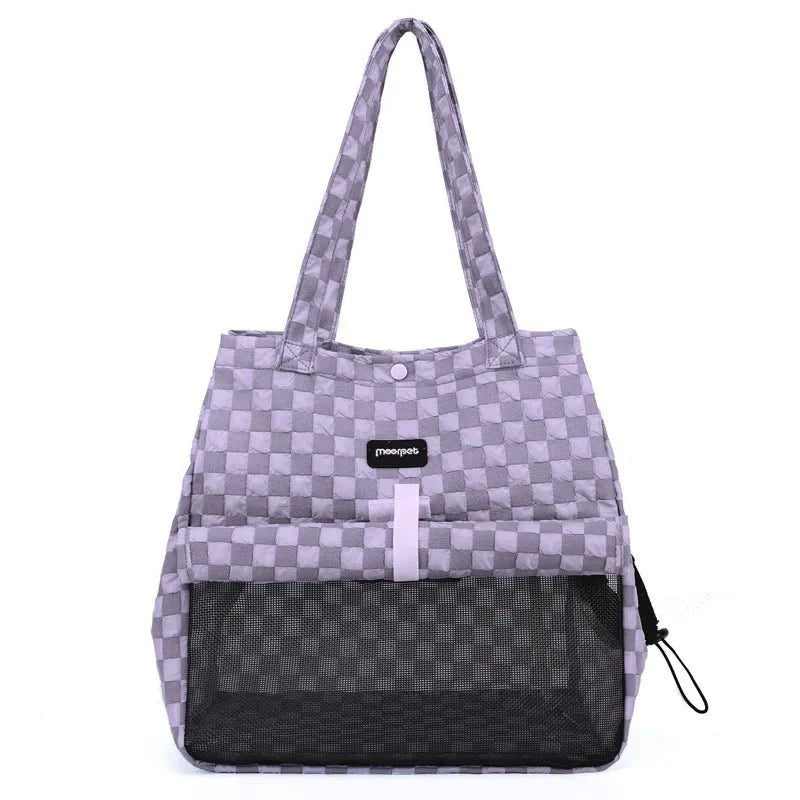 Sac de transport chien chat gris à motifs carrés avec filet pour aération et poignées longues