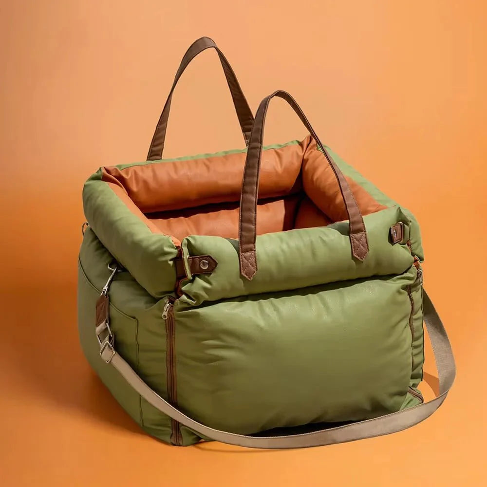 Sac de transport chien résistant vert olive avec anses et bandoulière pour voyage sûr et confortable