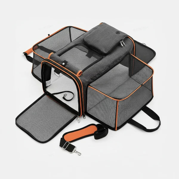 Sac de transport pliable pour chat et chien gris avec plusieurs ouvertures et poches de rangement