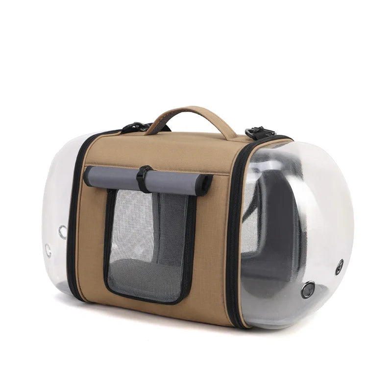 sac de transport pour chat Oscar et Plume beige avec bulles transparentes façade en maille et poignée rembourrée