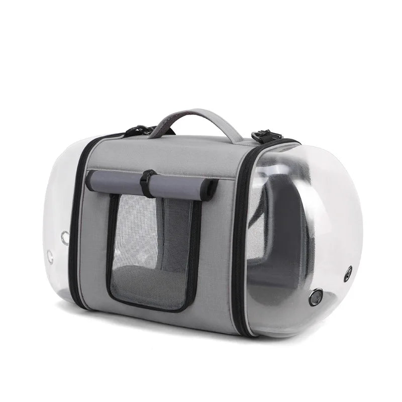 Oscar et Plume sac de transport pour chat gris avec bulles transparentes fenetre en maille poignee