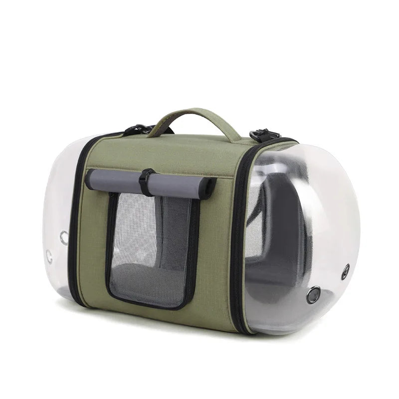 Oscar et Plume sac de transport pour chat olive avec bulles transparentes fenêtre en mesh et poignée